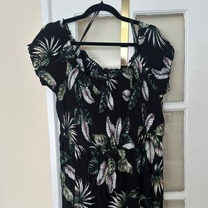 City Chic Black Maxi Dress with Green and Cream Leaf Print